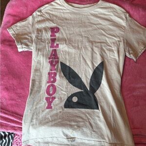 PLAYBOY Cream Tee with Black Logo and Pink Text